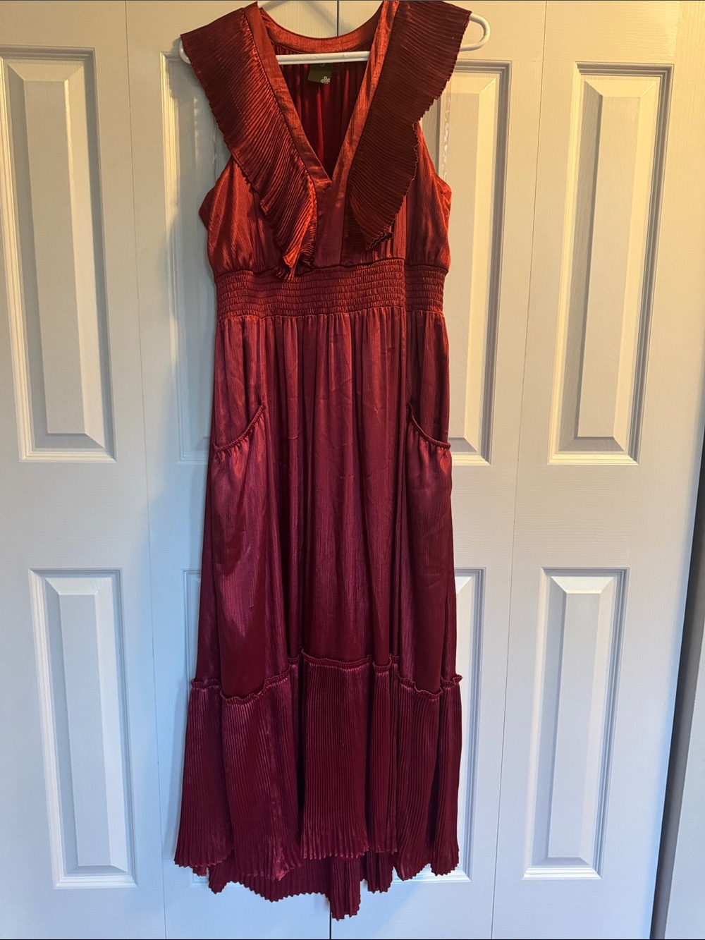 Taylor Wine Red Maxi Dress with Pleated V-Trim